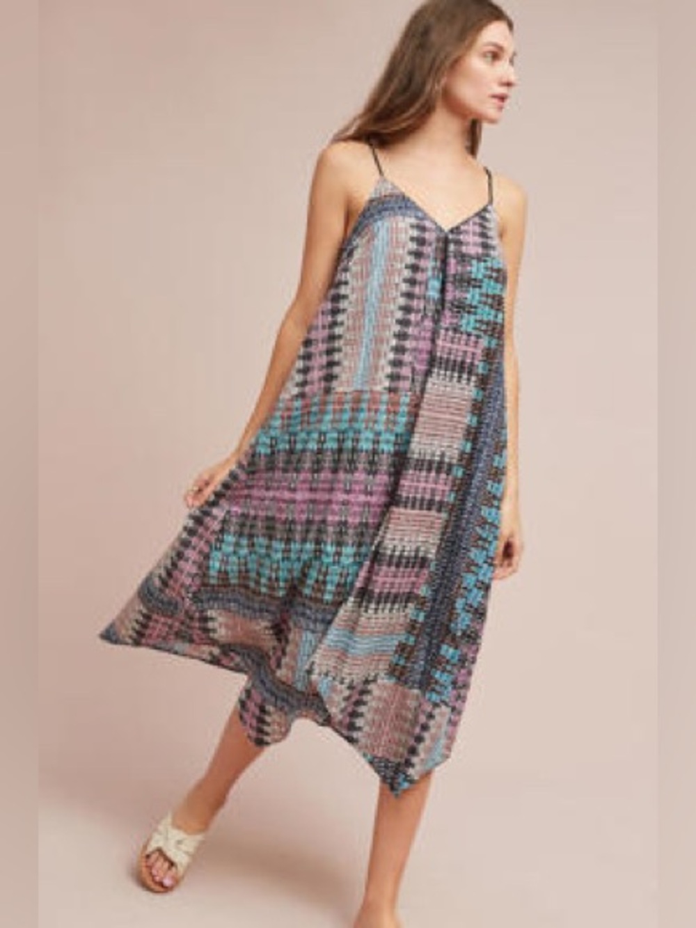 Multi-Color Geometric Pleated Midi Slip Dress with Spaghetti Straps